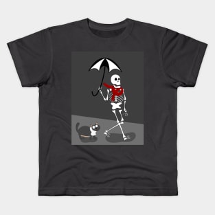 Cute Skeleton In Red Scarf Walking With Black Cat Kids T-Shirt